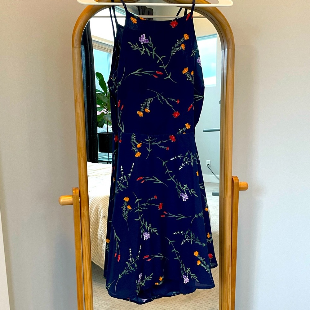 Lulu’s Flower of the Flock Navy Blue Floral Print Skater Dress Size Small